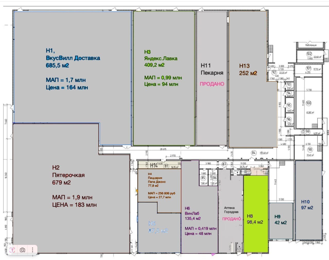 Планировка 1 — Торговая площадь 98.4м² 1-я линия