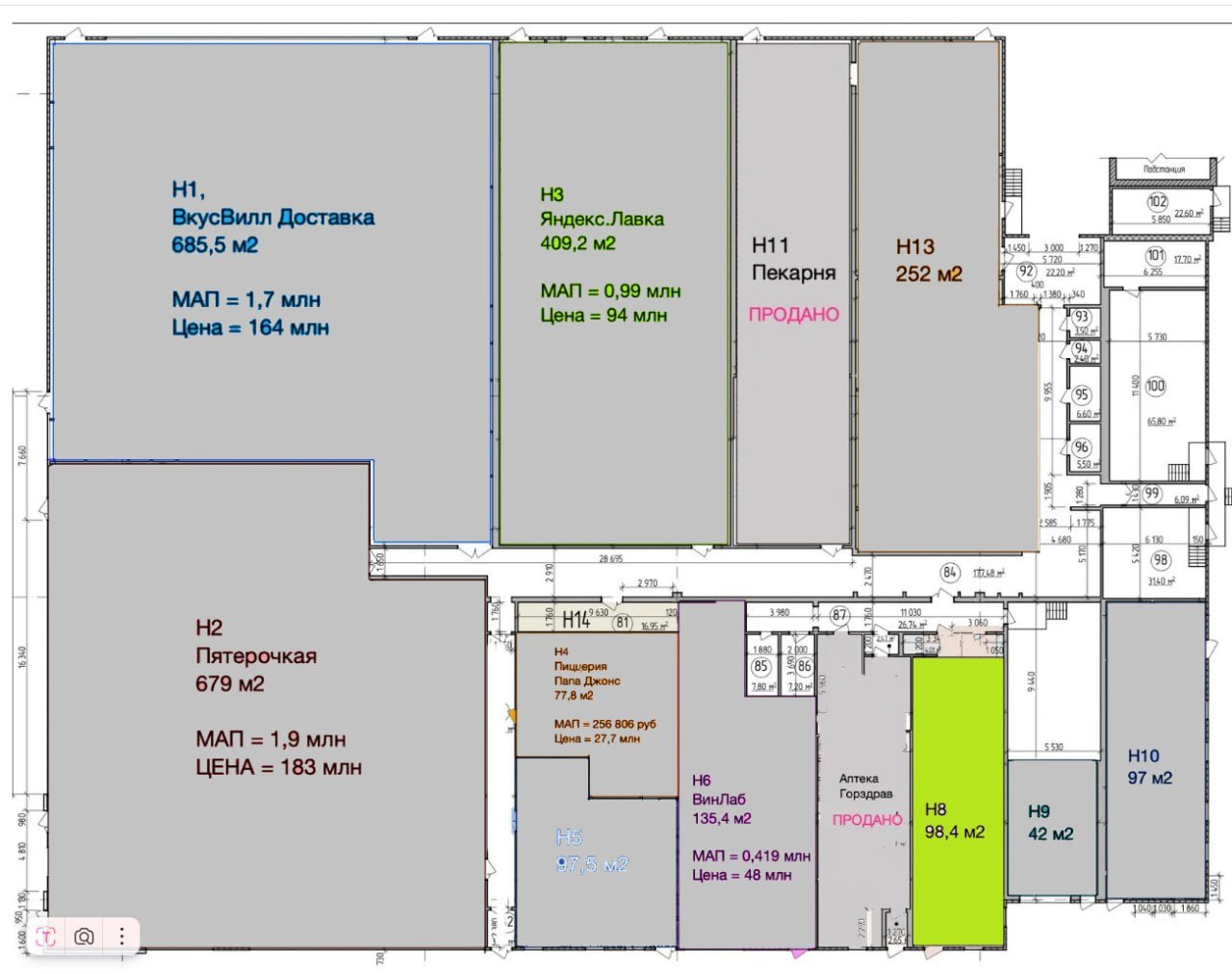 Планировка 1 — Торговая площадь 98.4м² 1-я линия